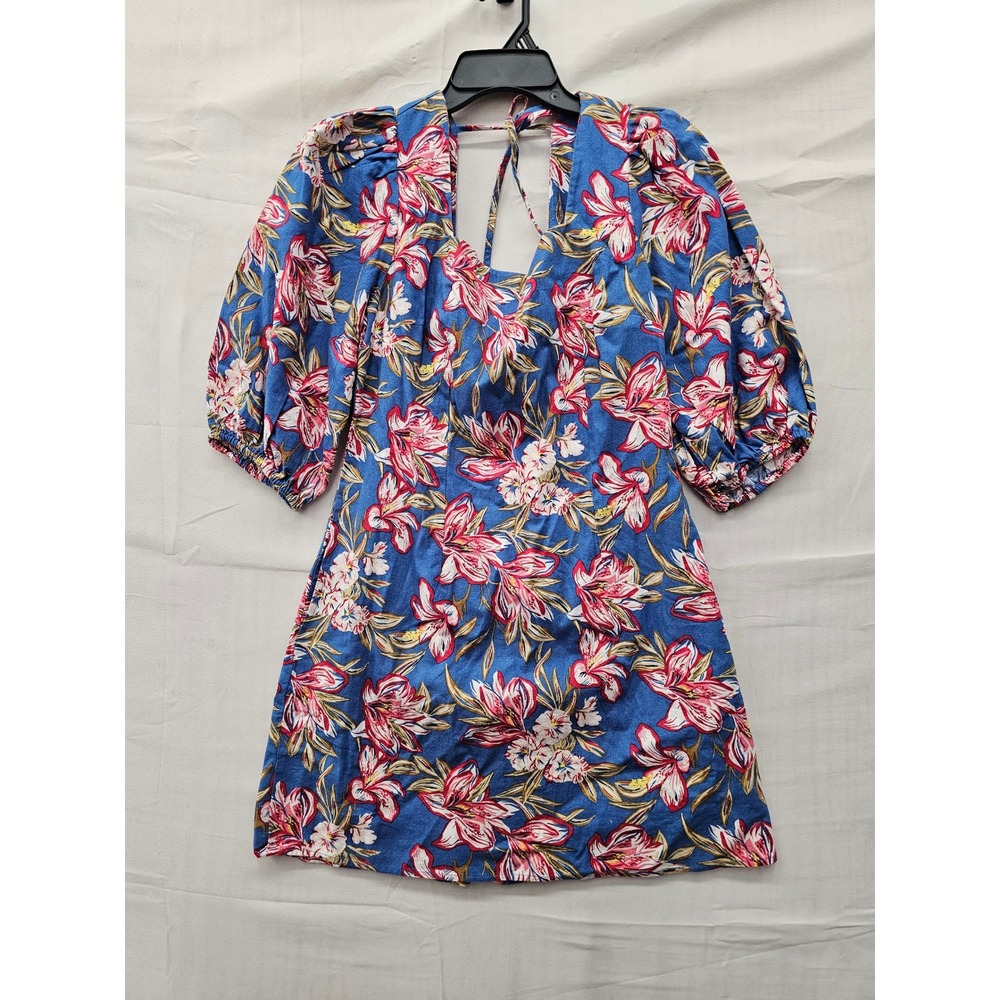 A New Day Womens Floral Puff Sleeve Mini Dress Blue Cotton Blend Size Small